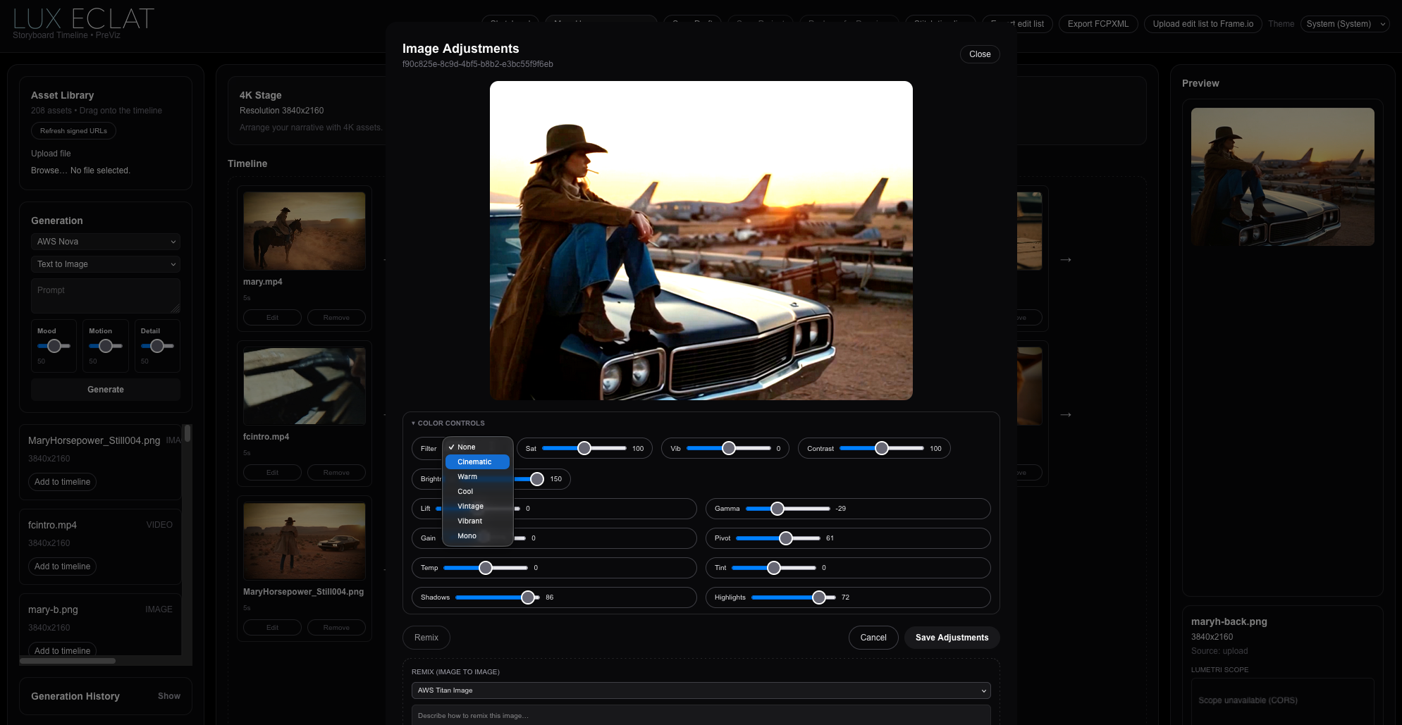 Lux Eclat color grading controls applied to a still image in the timeline