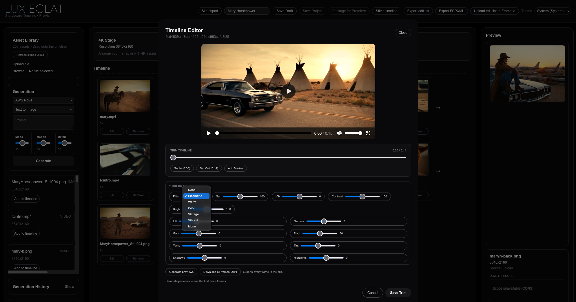 Lux Eclat timeline editor with color controls over an imported video sequence