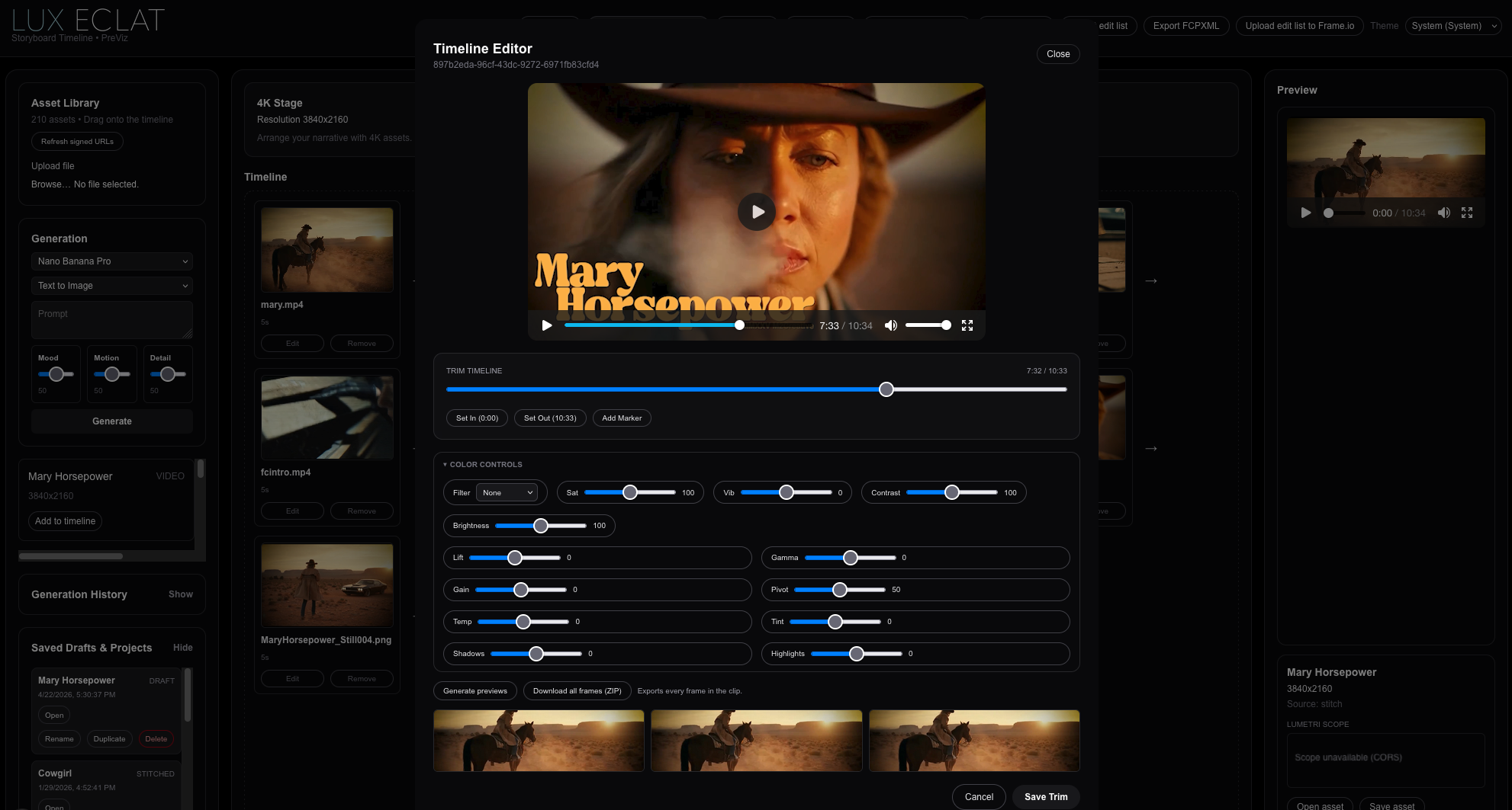 Lux Eclat storyboard timeline showing stitched assets and generation for promotional stills