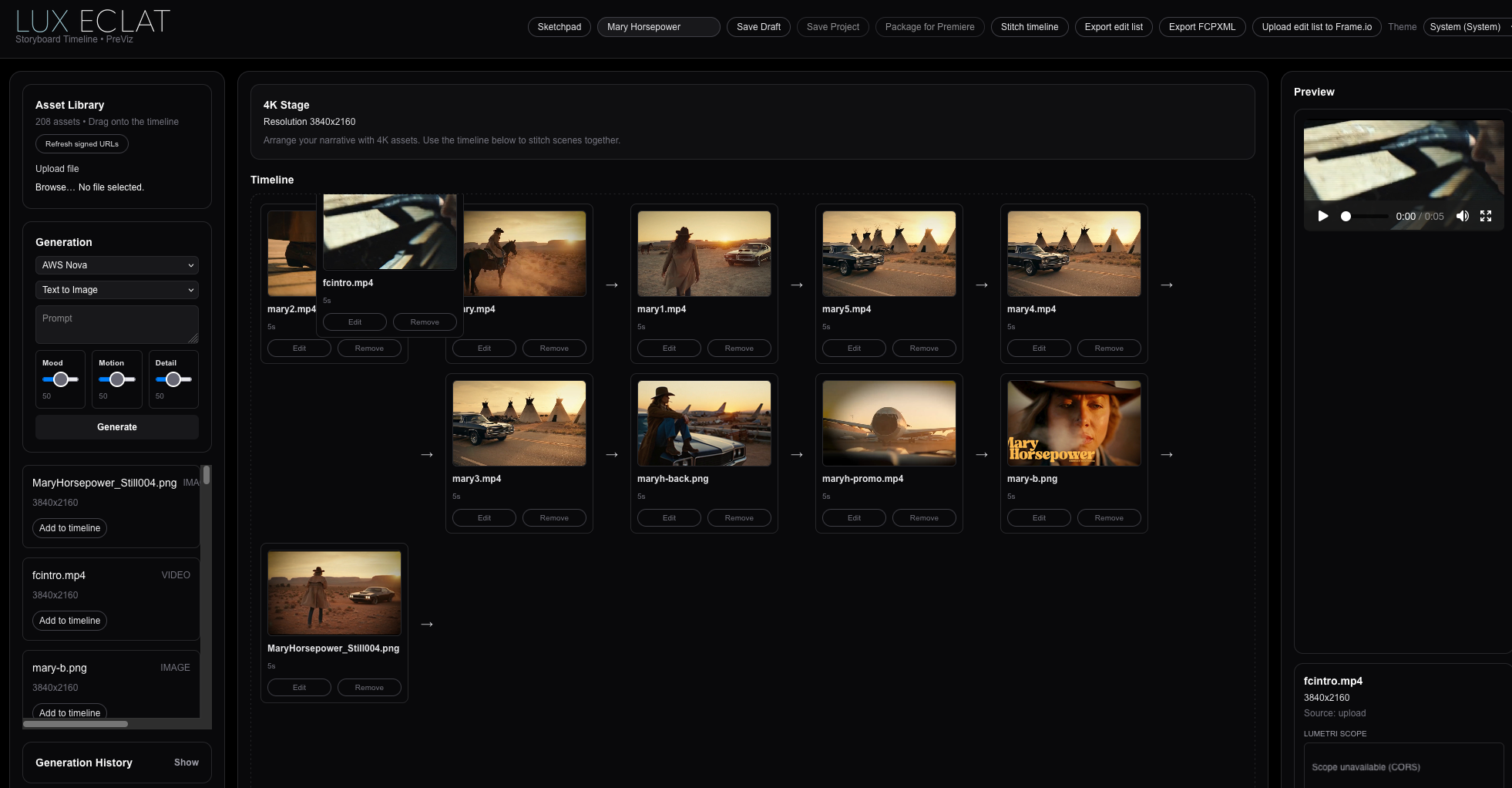Lux Eclat vertical storyboard timeline with reorderable clips for previsualization