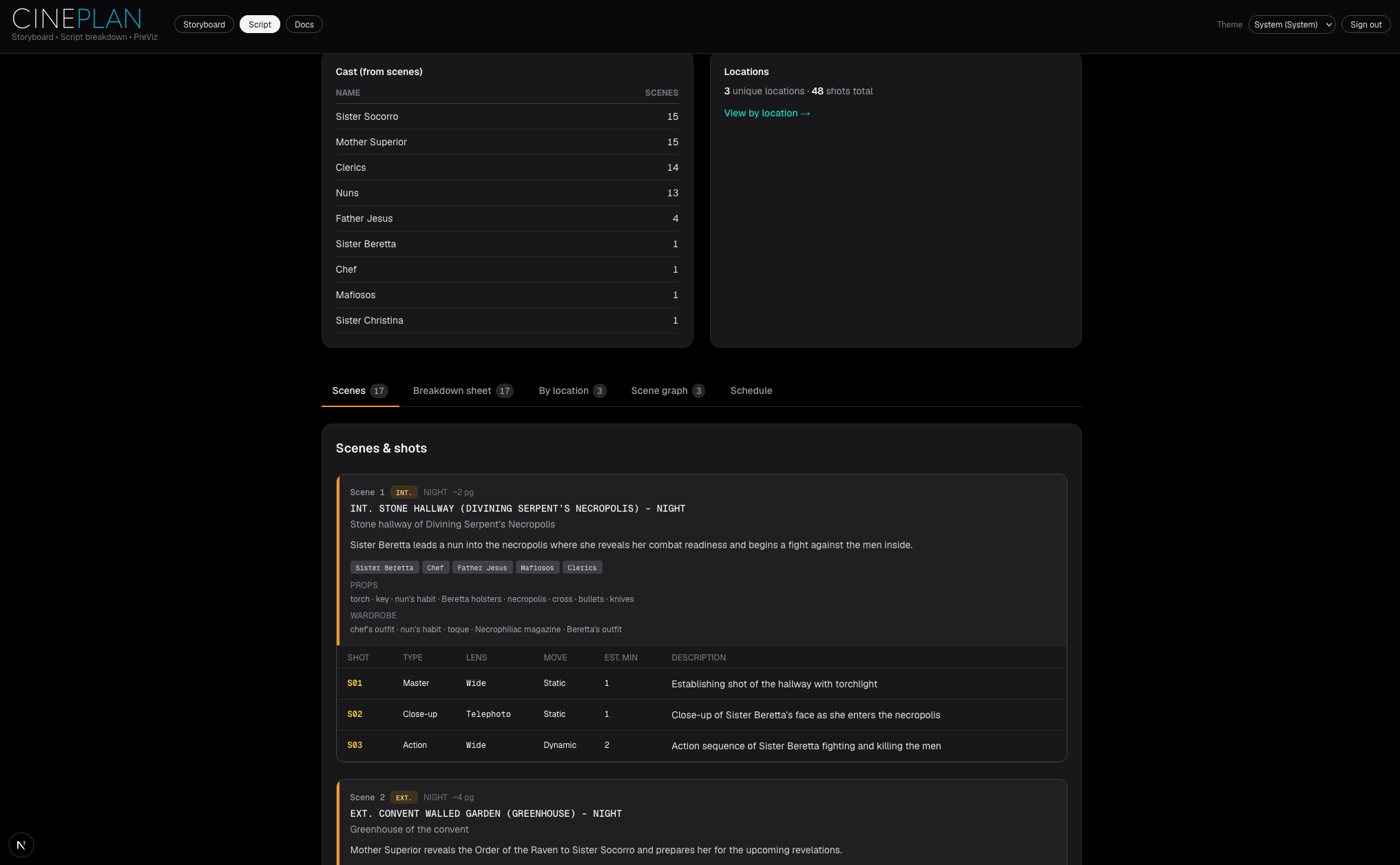 CINEPLAN script breakdown view with running time estimates, locations, and schedule analysis for line producers and crew