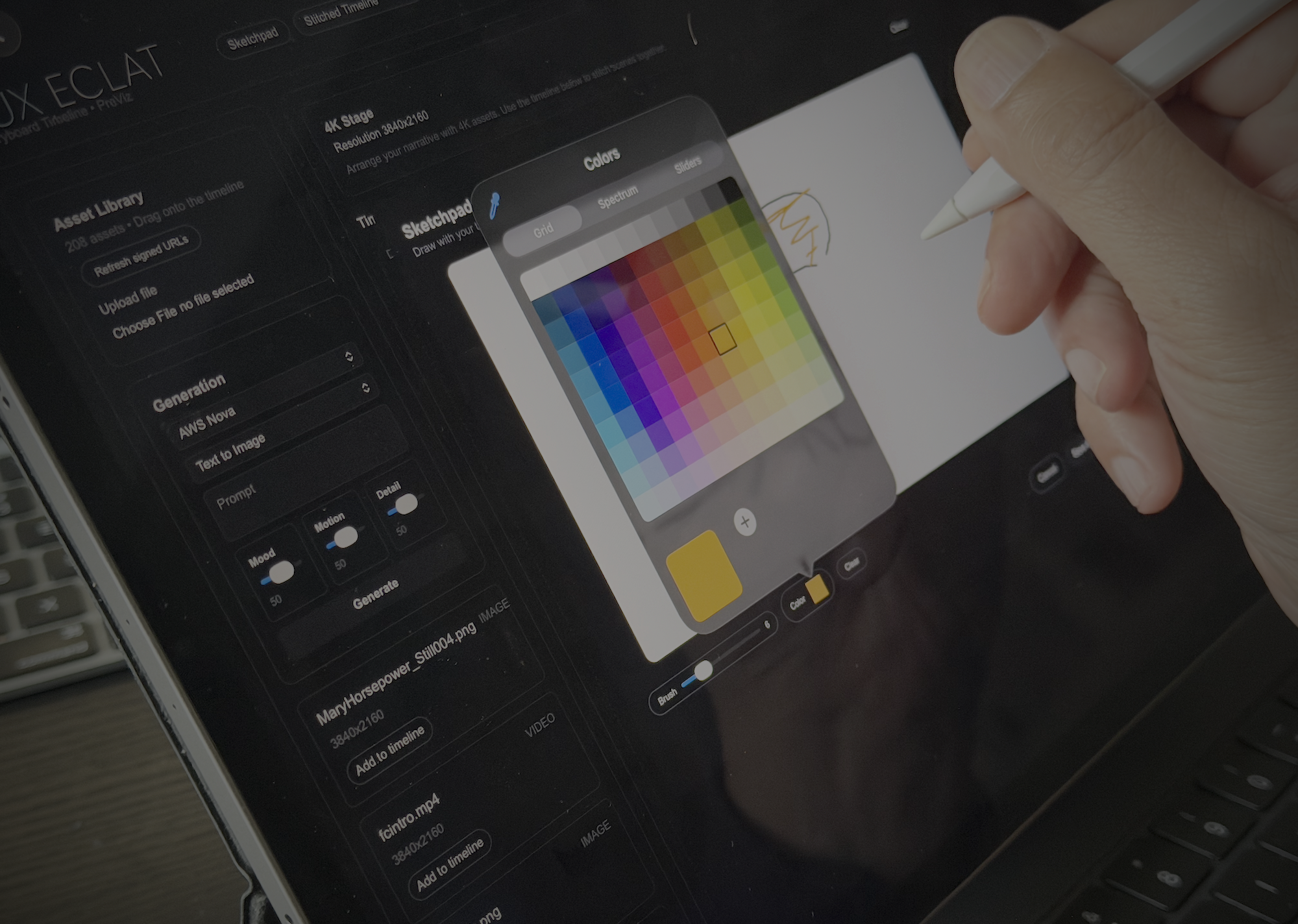 Lux Eclat sketchpad on iPad with color picker and AI-assisted drawing workflow